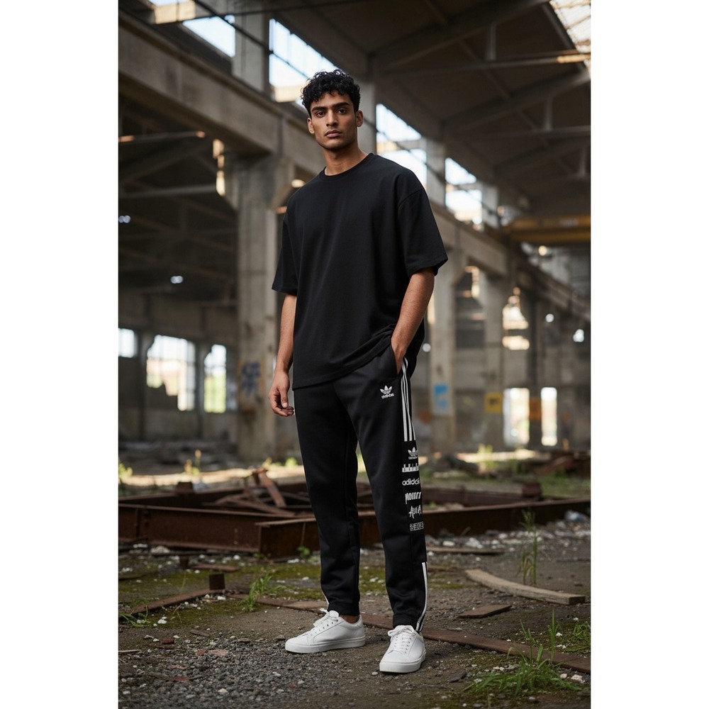 Adidas Originals Mens Black Multi Logo Graphic Jogger Sweatpants Size Large L